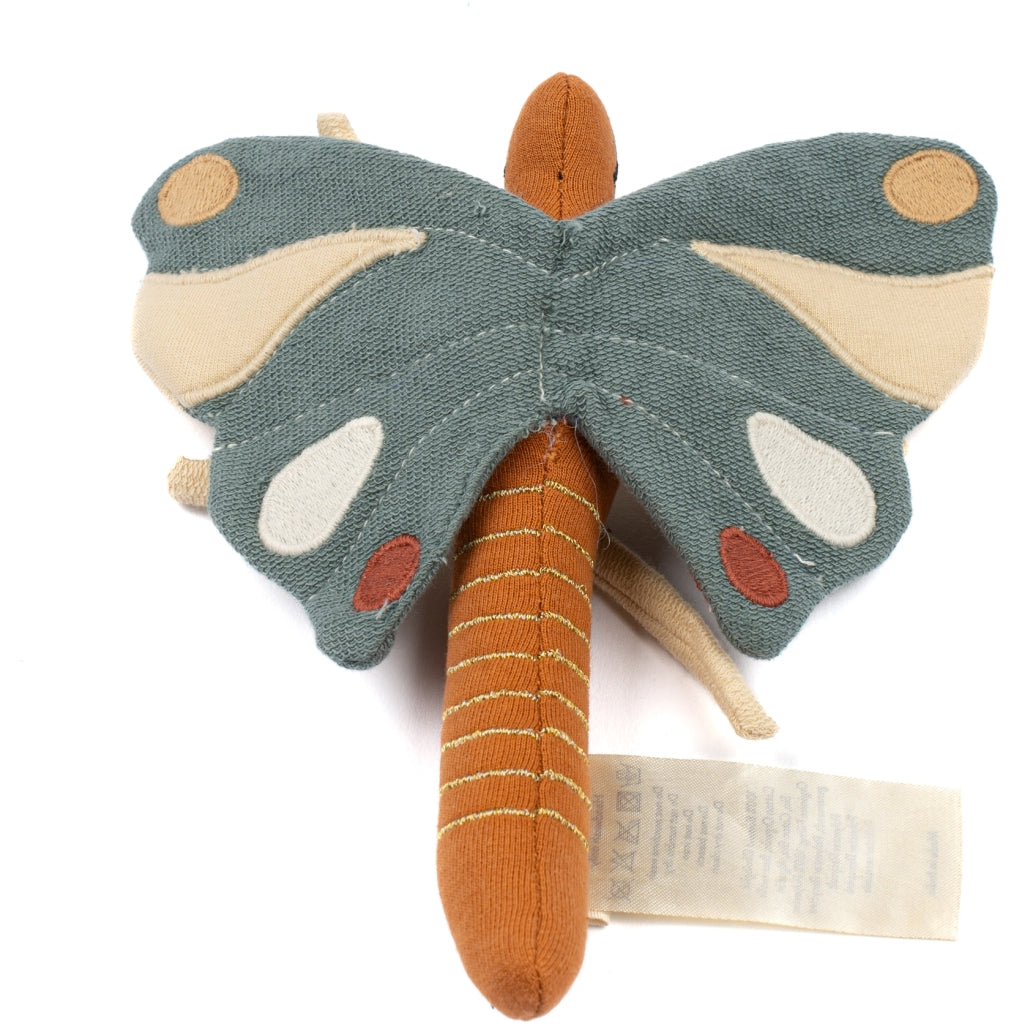 Plush toy organic butterfly rattle with blue crinkle wings and brown body 