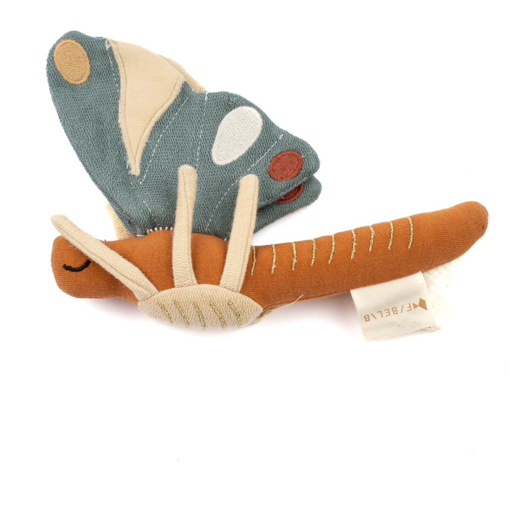 Stuffed organic butterfly rattle baby toy with blue crinkle wings