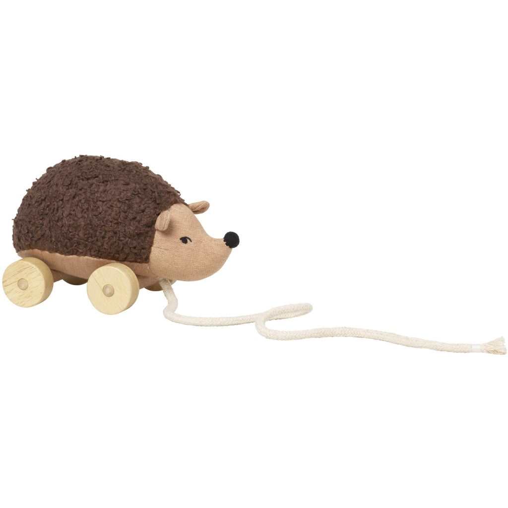 Organic soft cotton Hedgehog pull toy with wooden wheels for toddlers' developmental play