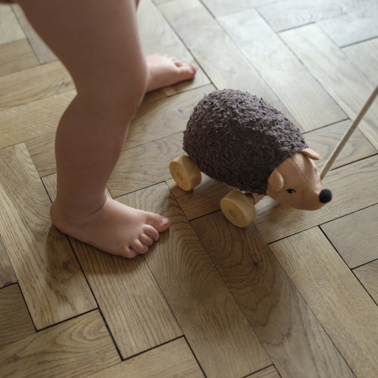 Toddler playing with a soft hedgehog pull toy with wooden wheels. wooden 