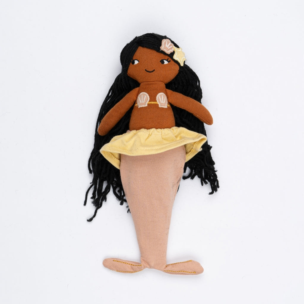 Plush mermaid doll with long black hair, brown skin and yellow skirt