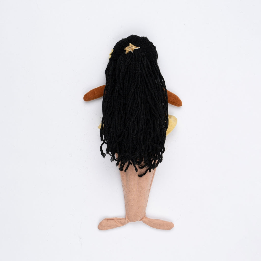 Stuffed black mermaid doll with brown skin and black hair 