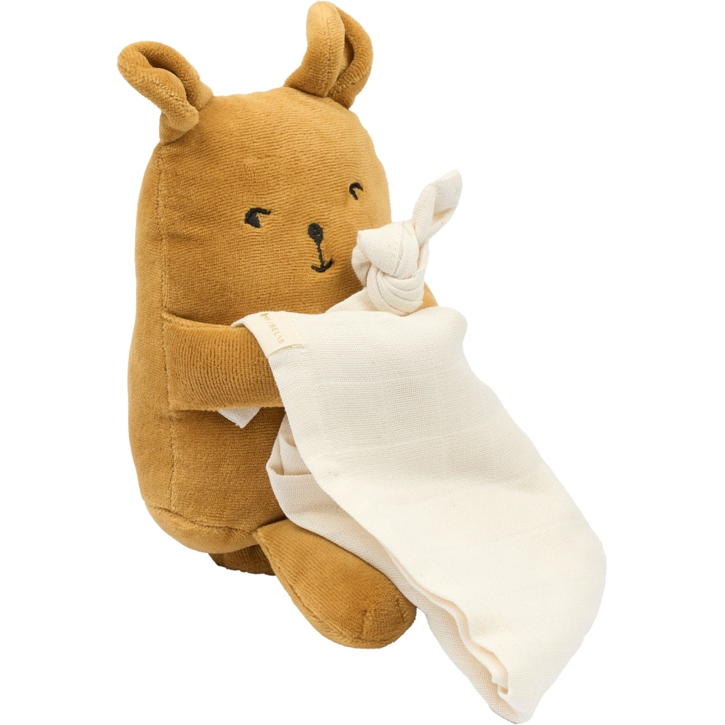 Fabealb soft organic brown plush teddy bear music box holding a white blanket 