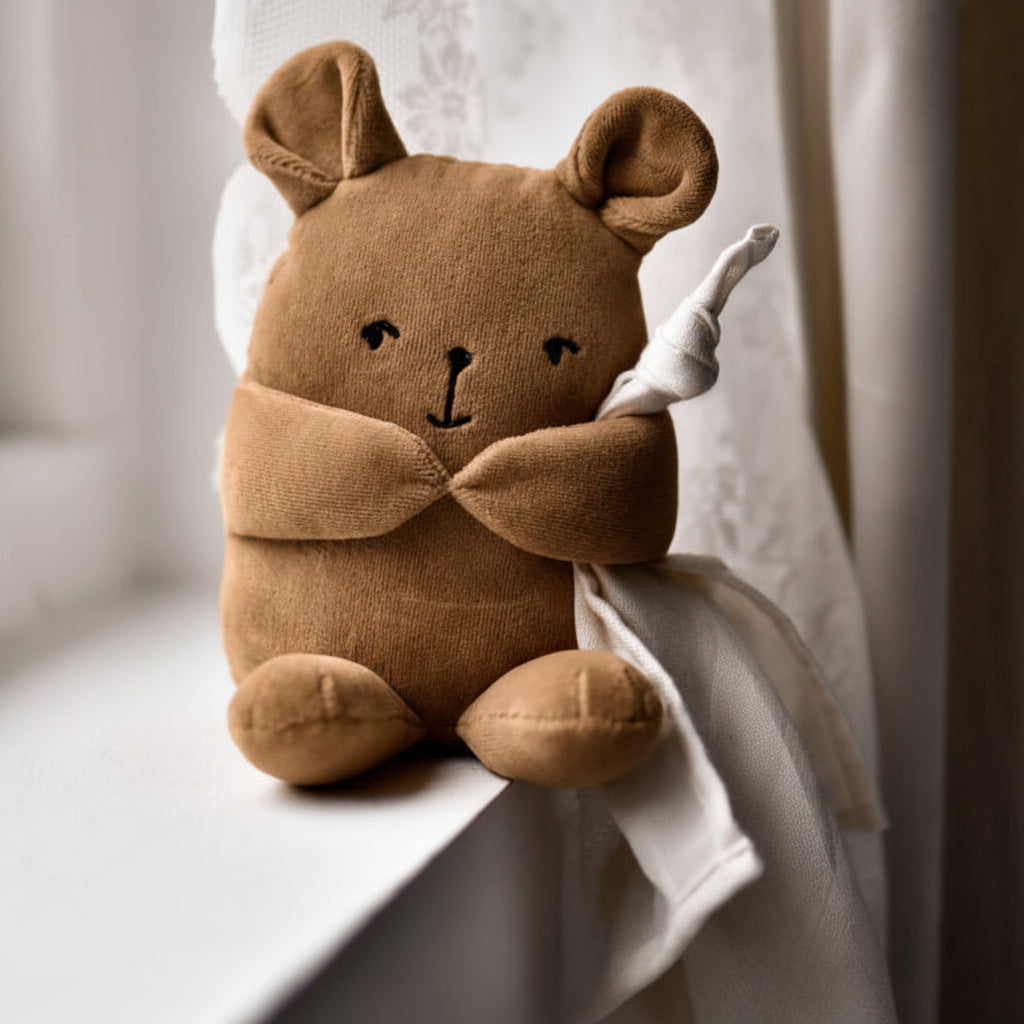 Soft organic musical teddy bear holding a white blanket