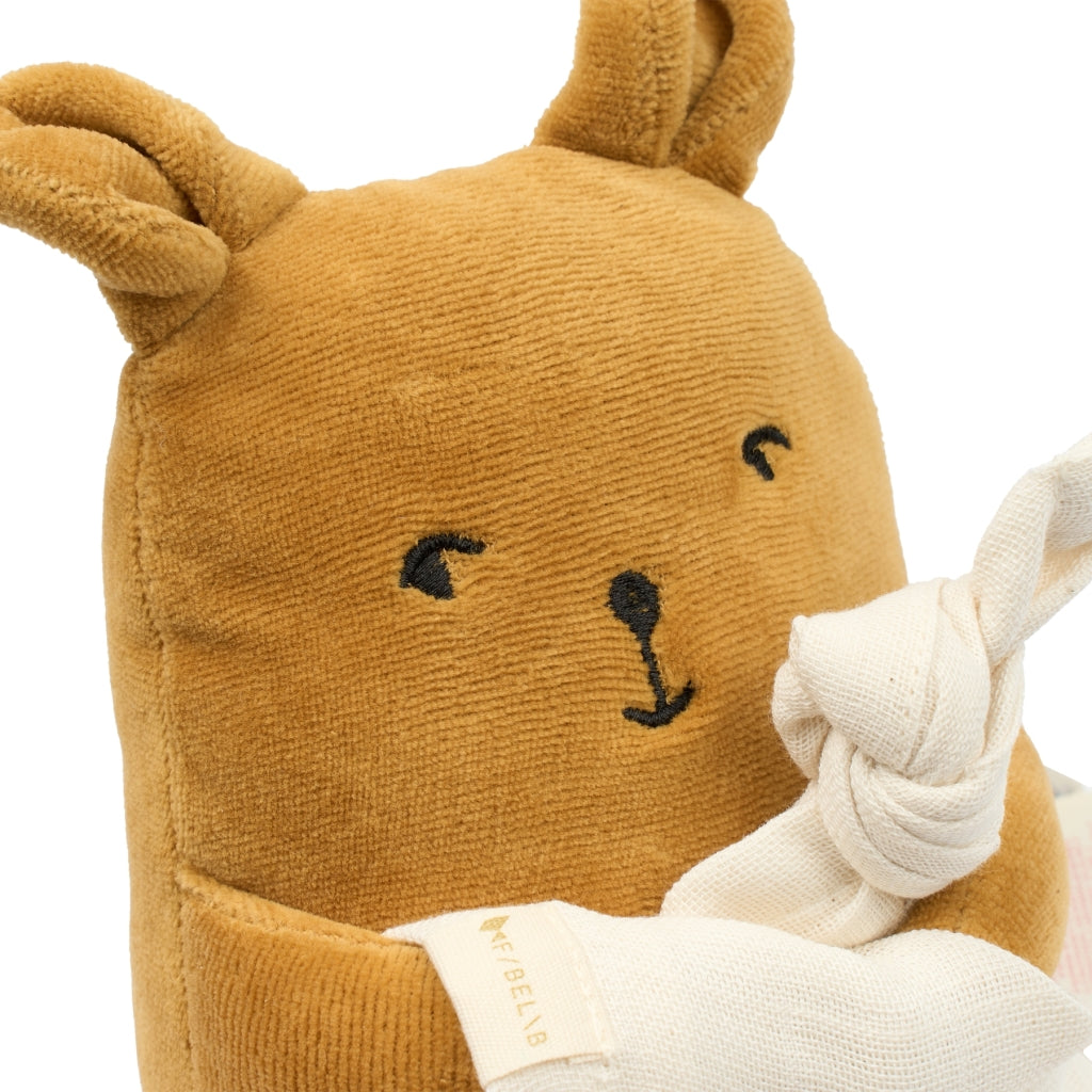 Close up of Fableab organic musical teddy bear baby toy