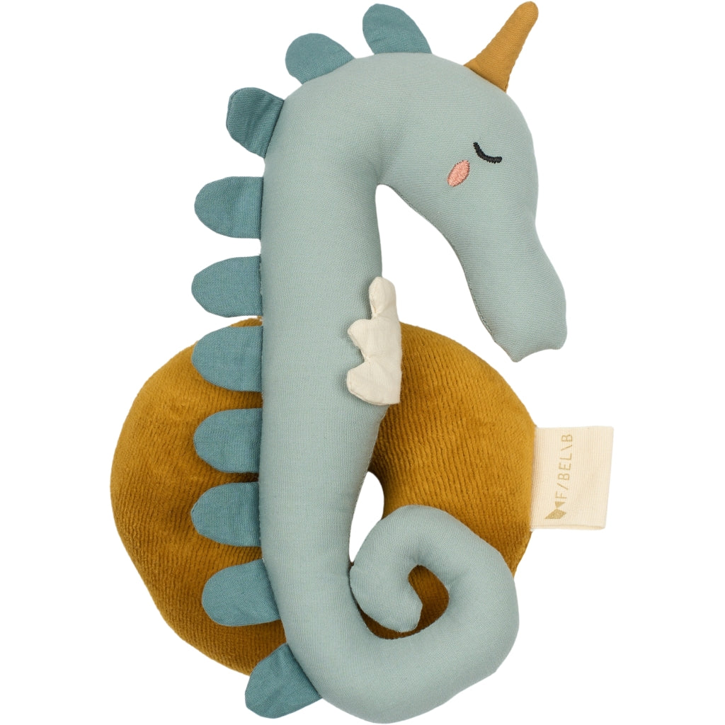 Organic Plush Seahorse Baby Rattle toy in pale blue and and gold brown