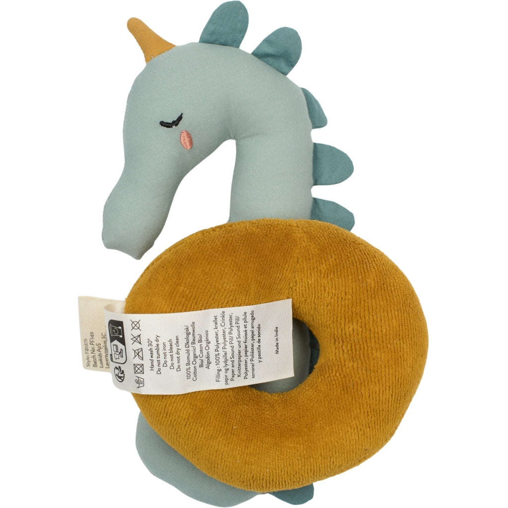 Organic Plush seahorse baby rattle toy with a gold brown donut ring and 