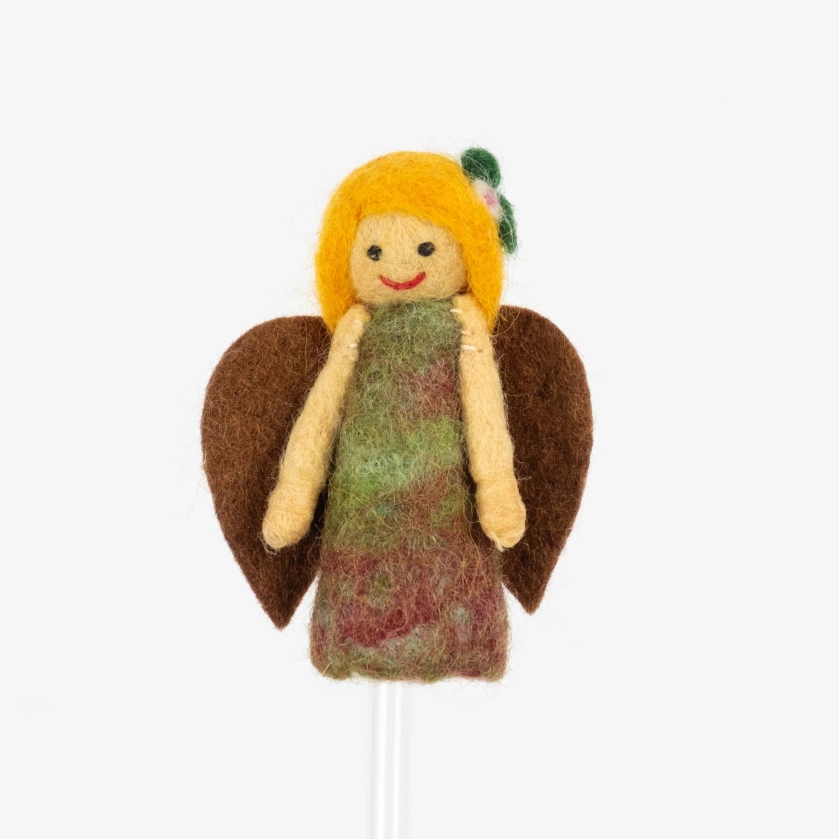 handmade felt fairy finger puppet in earthtone dress