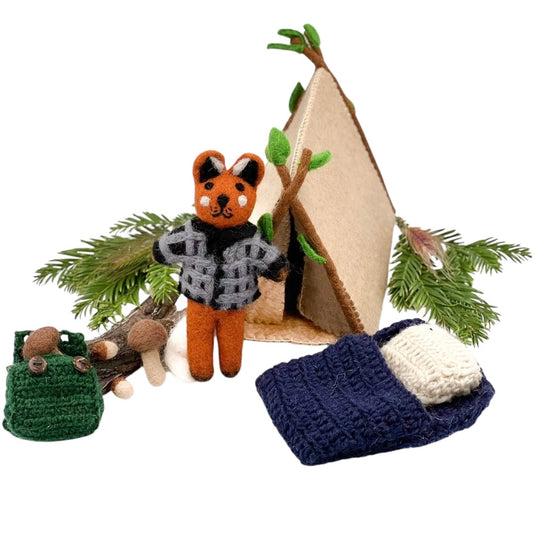 Felted fox doll playset with tent, sleeping bag, backpack, mushrooms and acorns