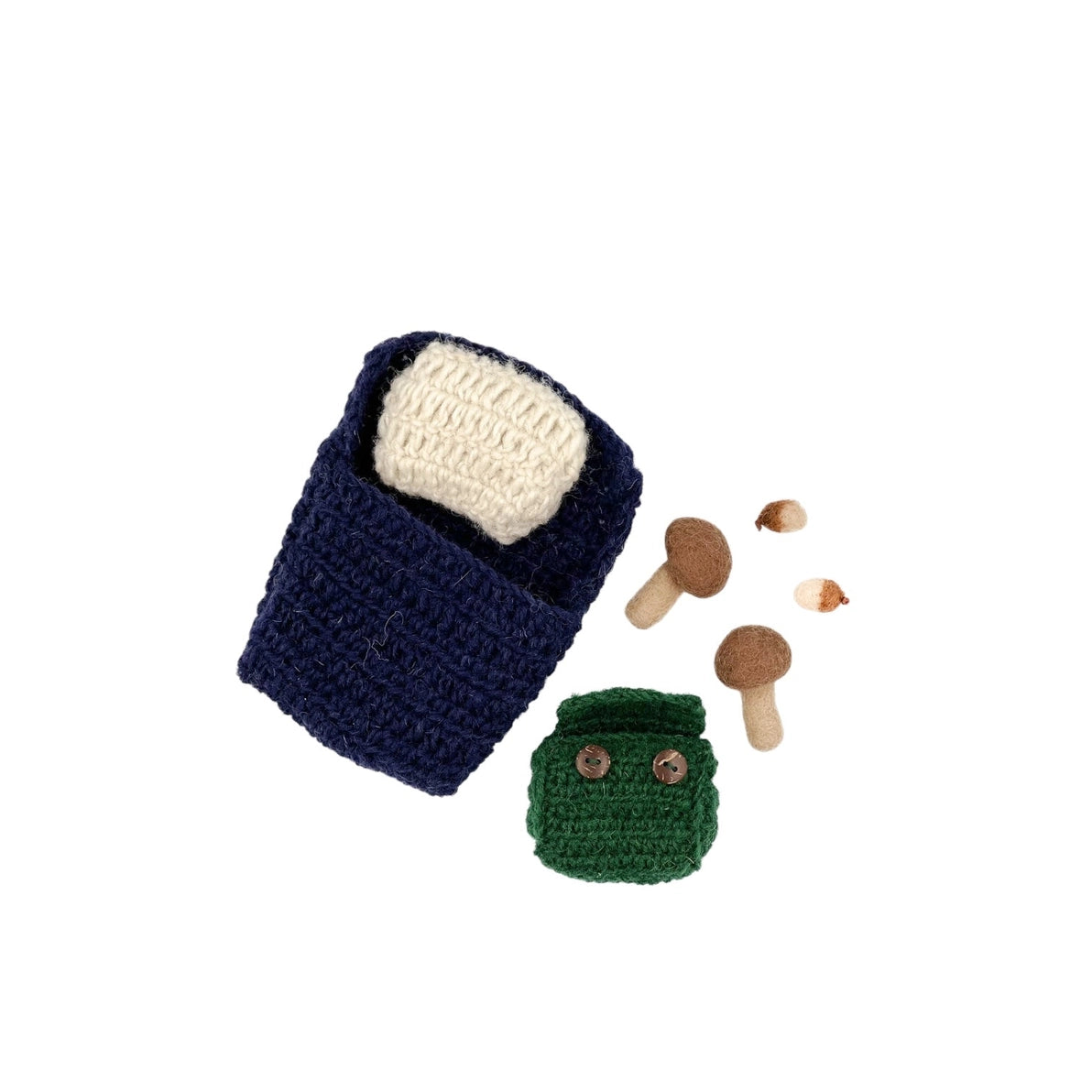 Crocheted sleeping bag, backpack felt mushrooms and acorns