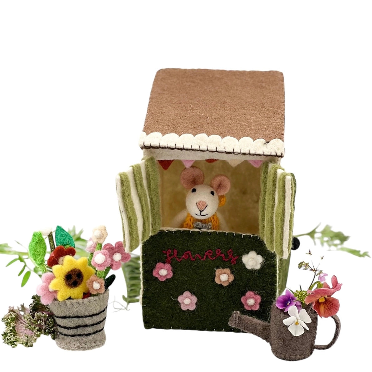 Felt toy mouse and flower stand play house set with watering can and bucket of flowers 