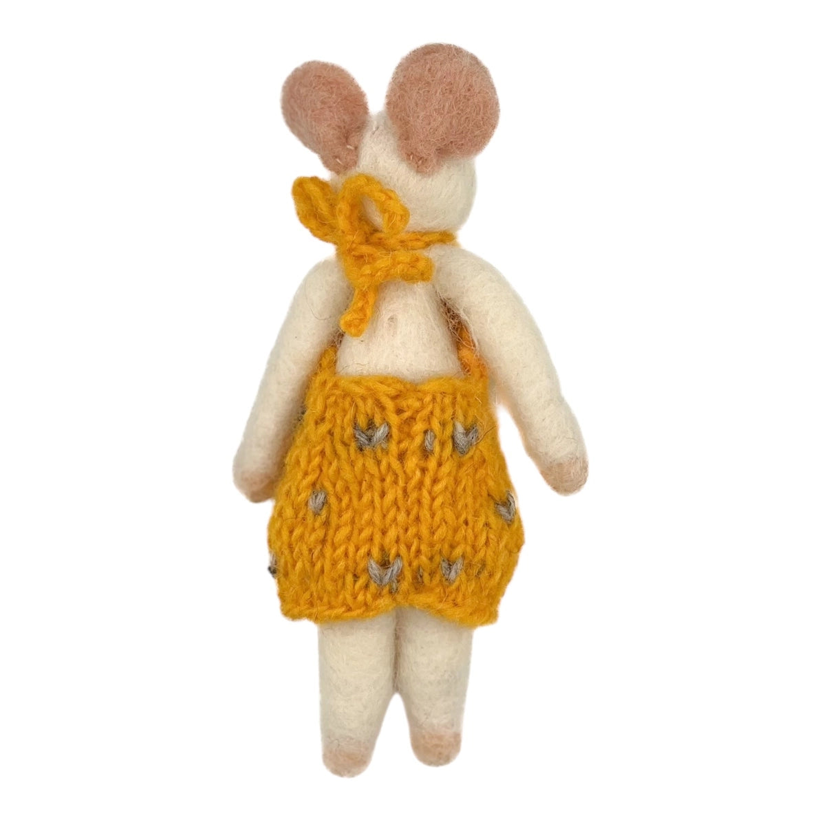 Toy felt mouse wearing a marigold yellow dress