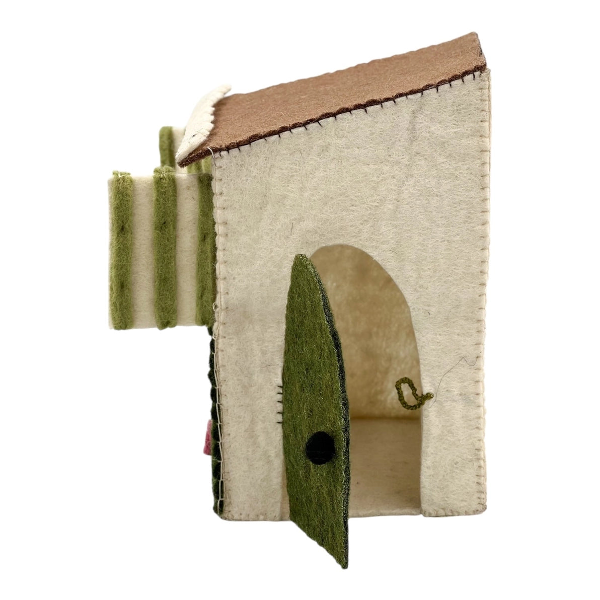 Felt toy mouse flower stand play house with green door and brown roof 
