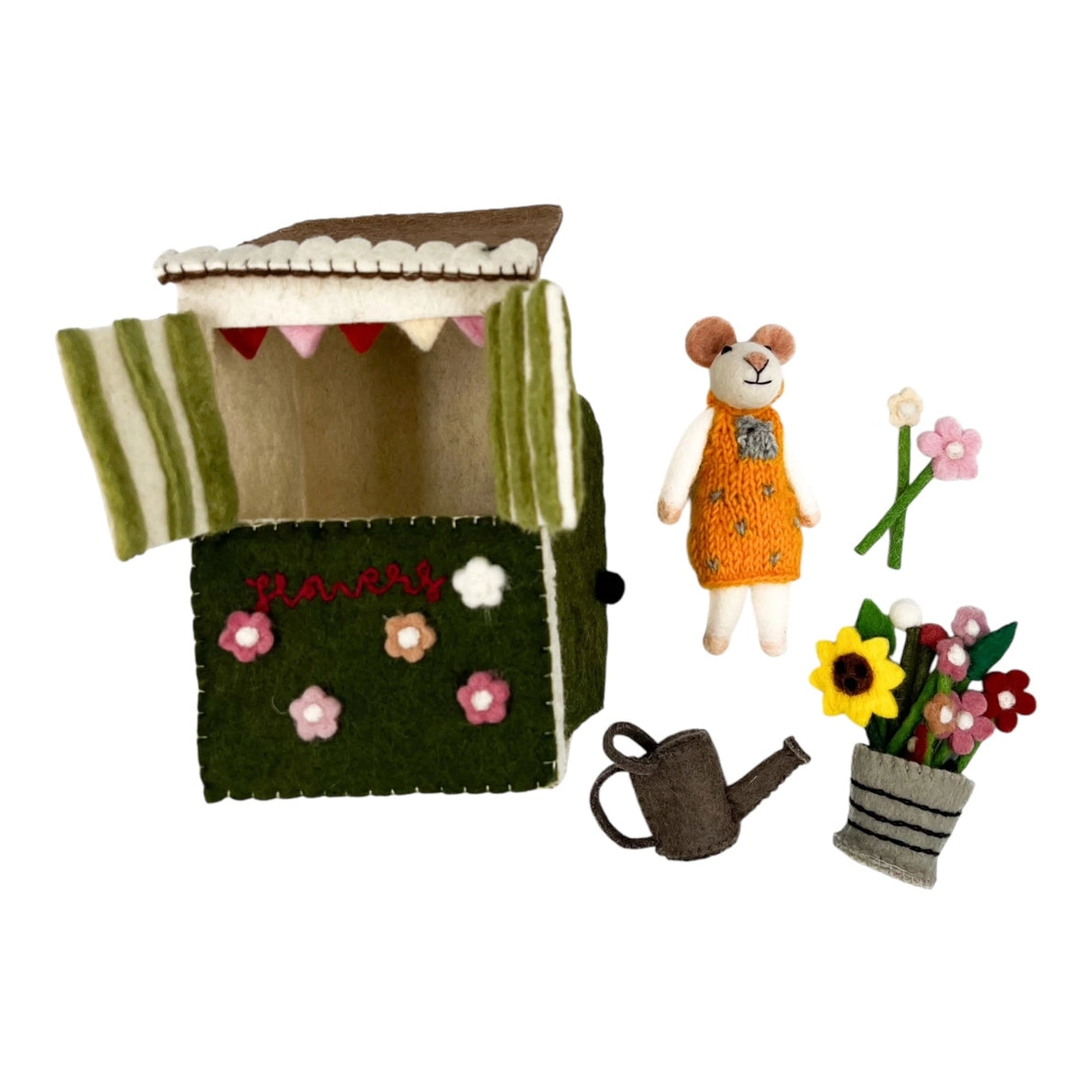 Toy garden set with a felt house, mouse, watering can, and flowers 