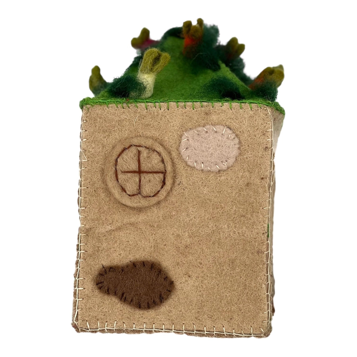 Side of a felt cottage dollhouse with vegies on the roof