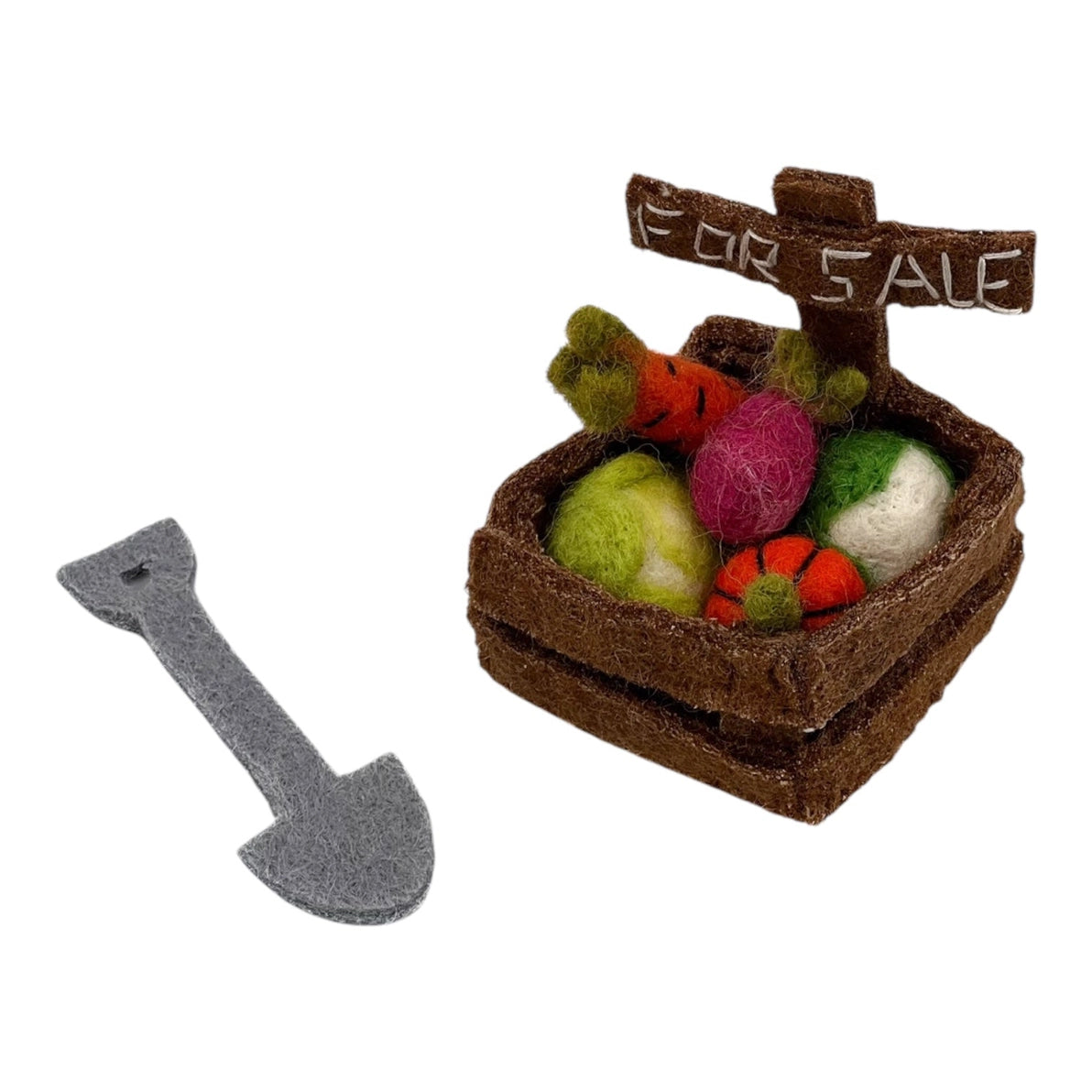 Felted toy vegetables in a basket with 'For Sale' sign and a small shovel 