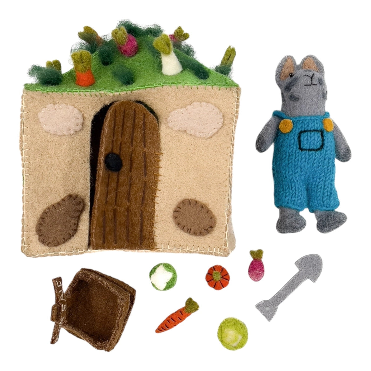 Felt playset with a house, rabbit figure, and vegetable farm accessories 