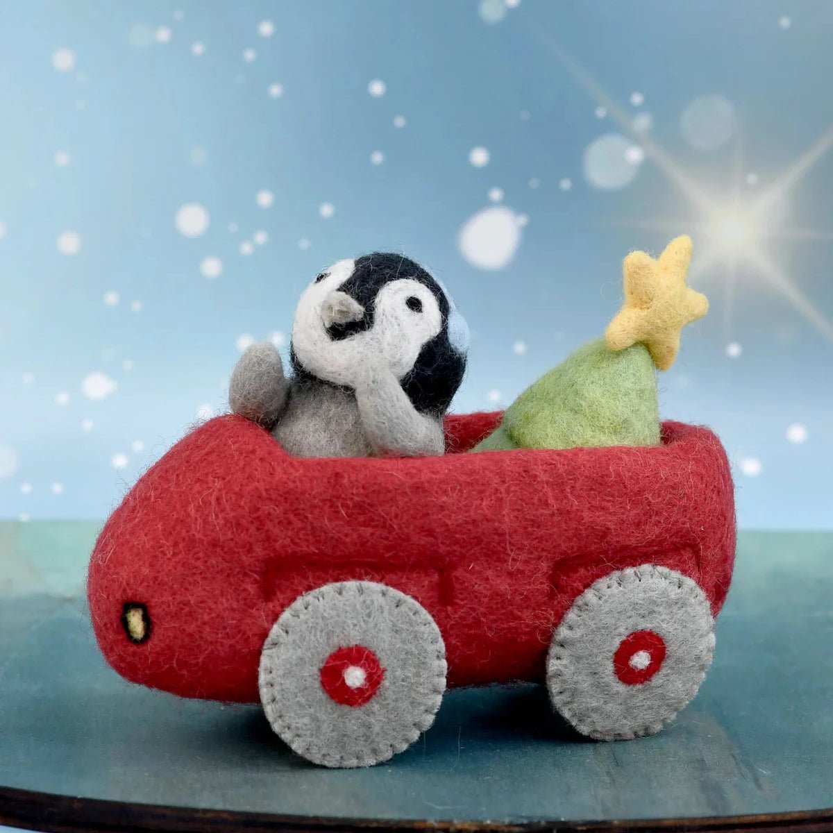 needle felted penguin, christmas tree and toy car