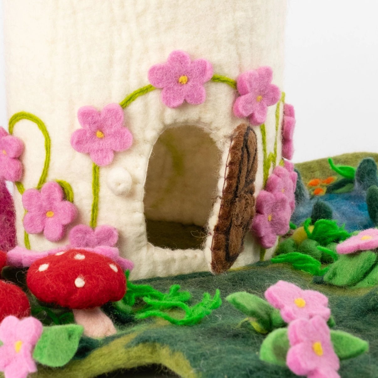 pink felt flower fairy house door