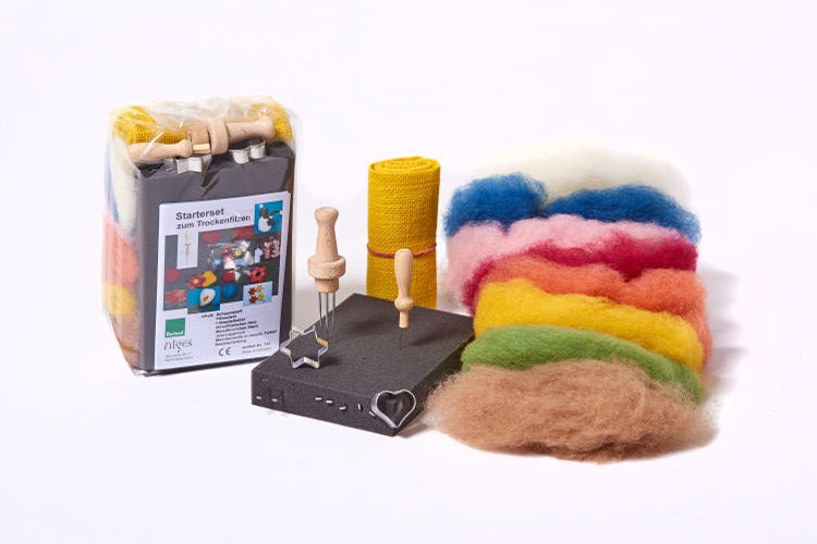 FIlges Colorful needle felting kit with organic fairy tale wool, tools, and a instructions