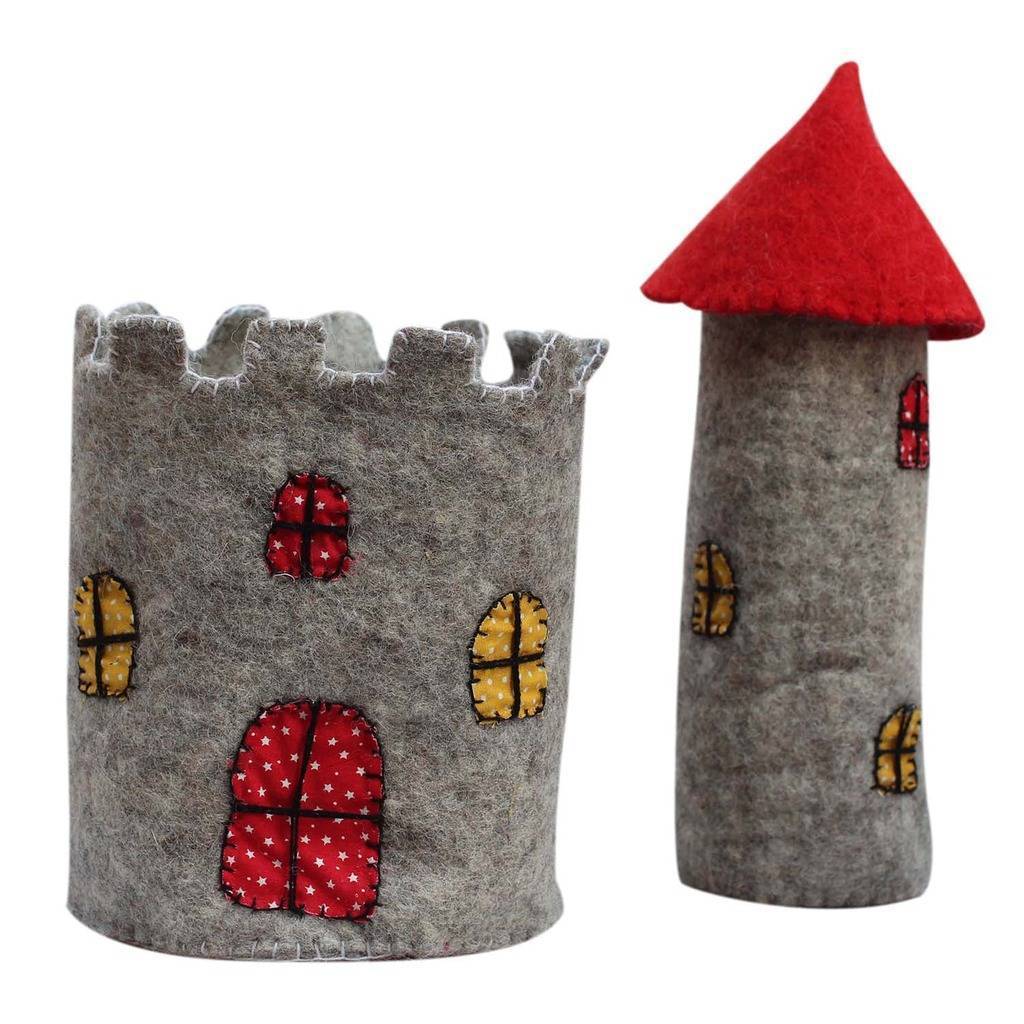 Felt toy castle and tower with a red roof 