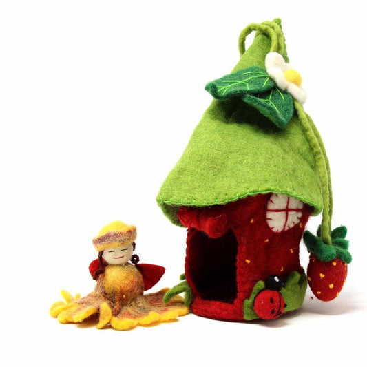 Felt strawberry fairy house with a flower fairy doll