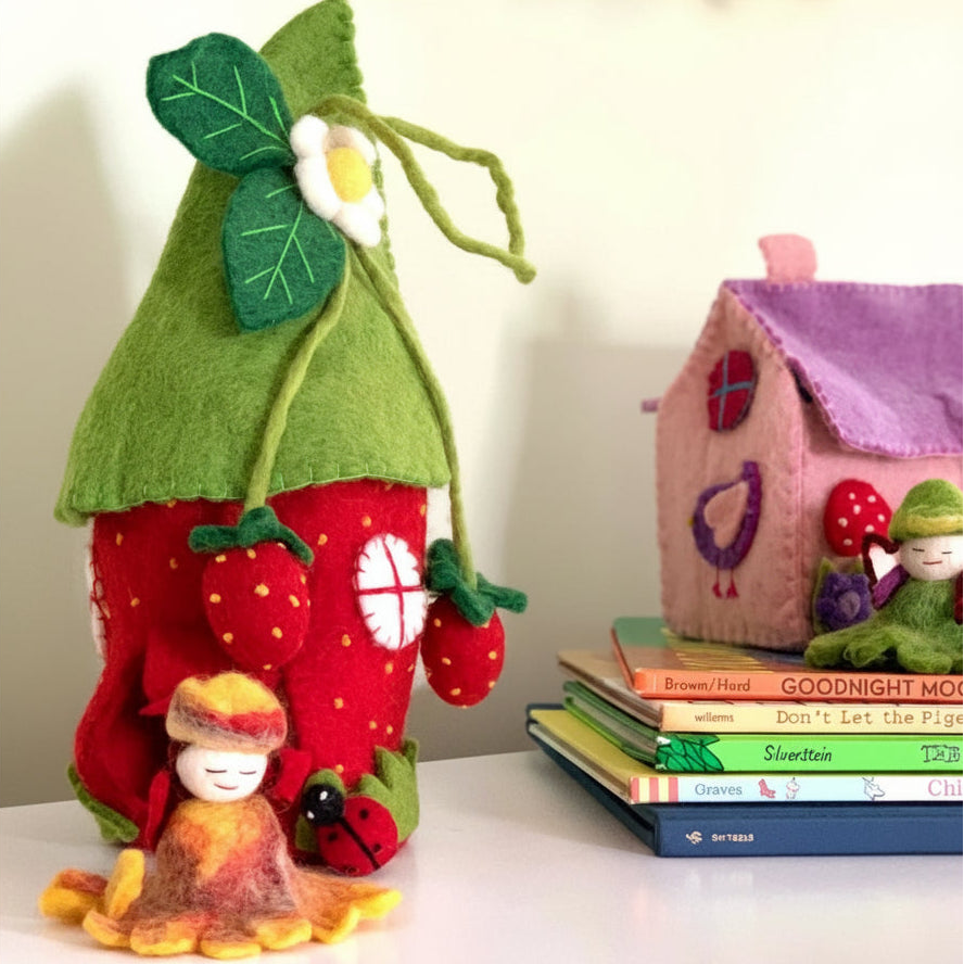 Felt strawberry house and pink fairy house with flower fairy dolls