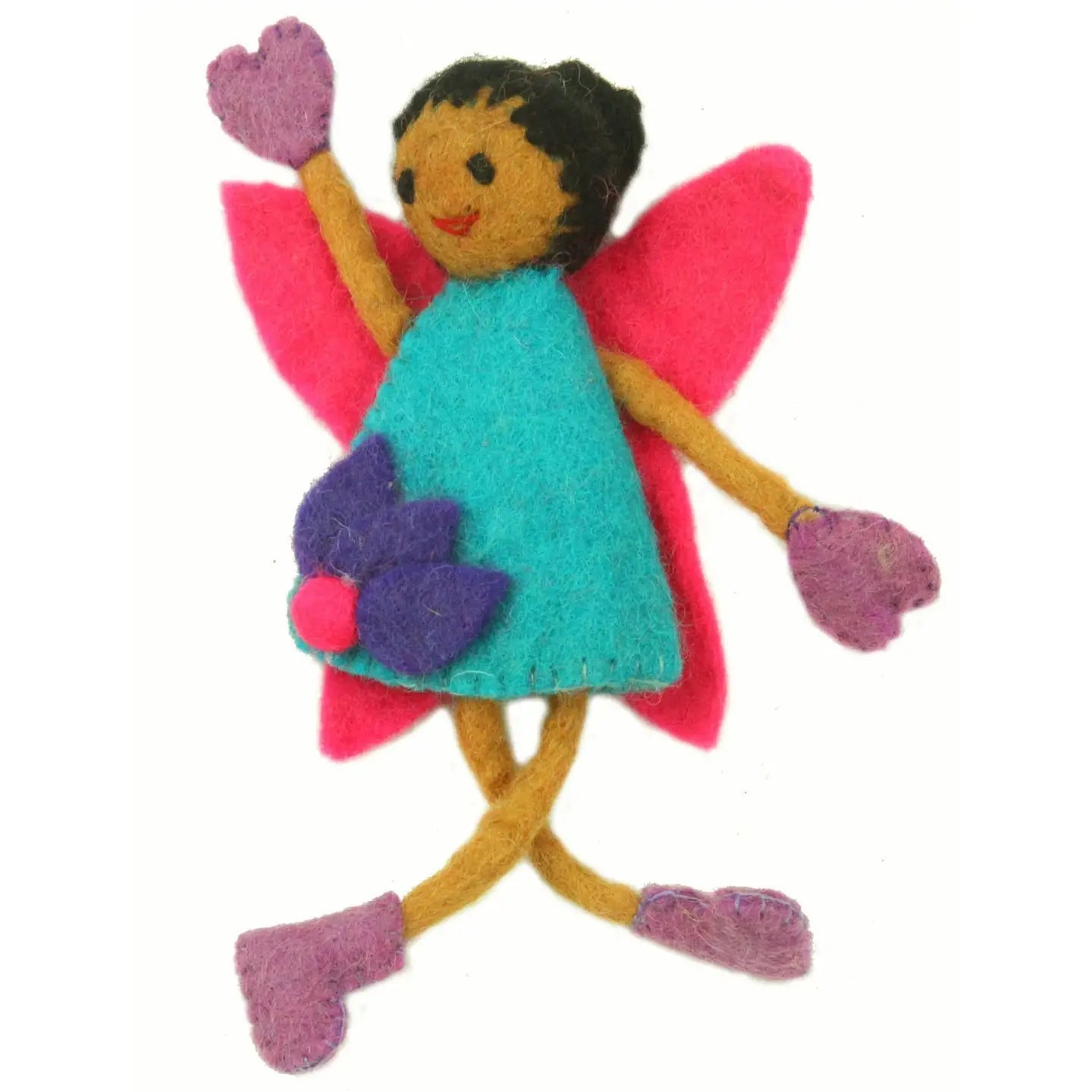 Felt tooth fairy doll toy with black hair, brown skin,pink wings and a teal dress