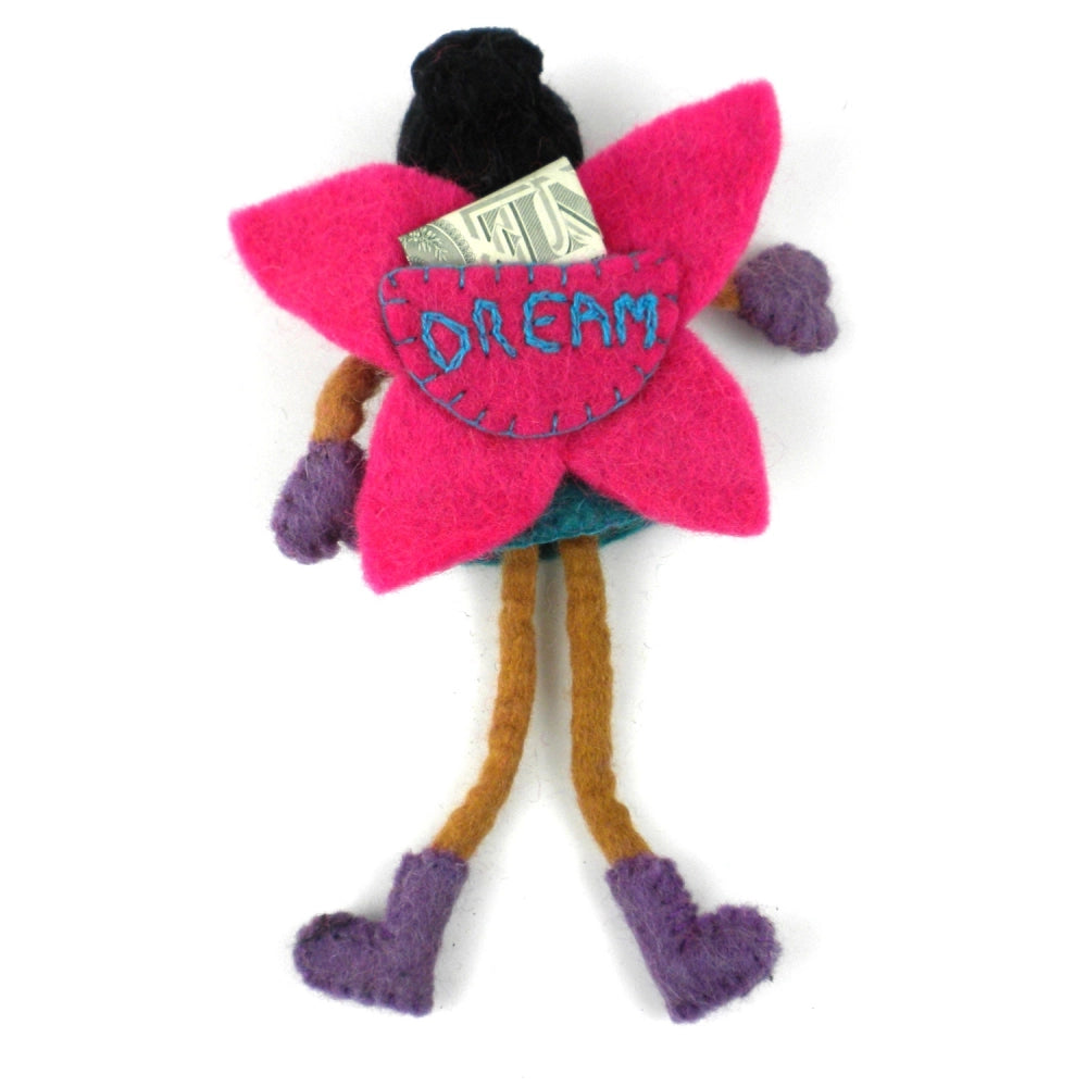Felt Tooth fairy doll with black hair, brown skin, pink wings and 'Dream' embroidered on a pocket 