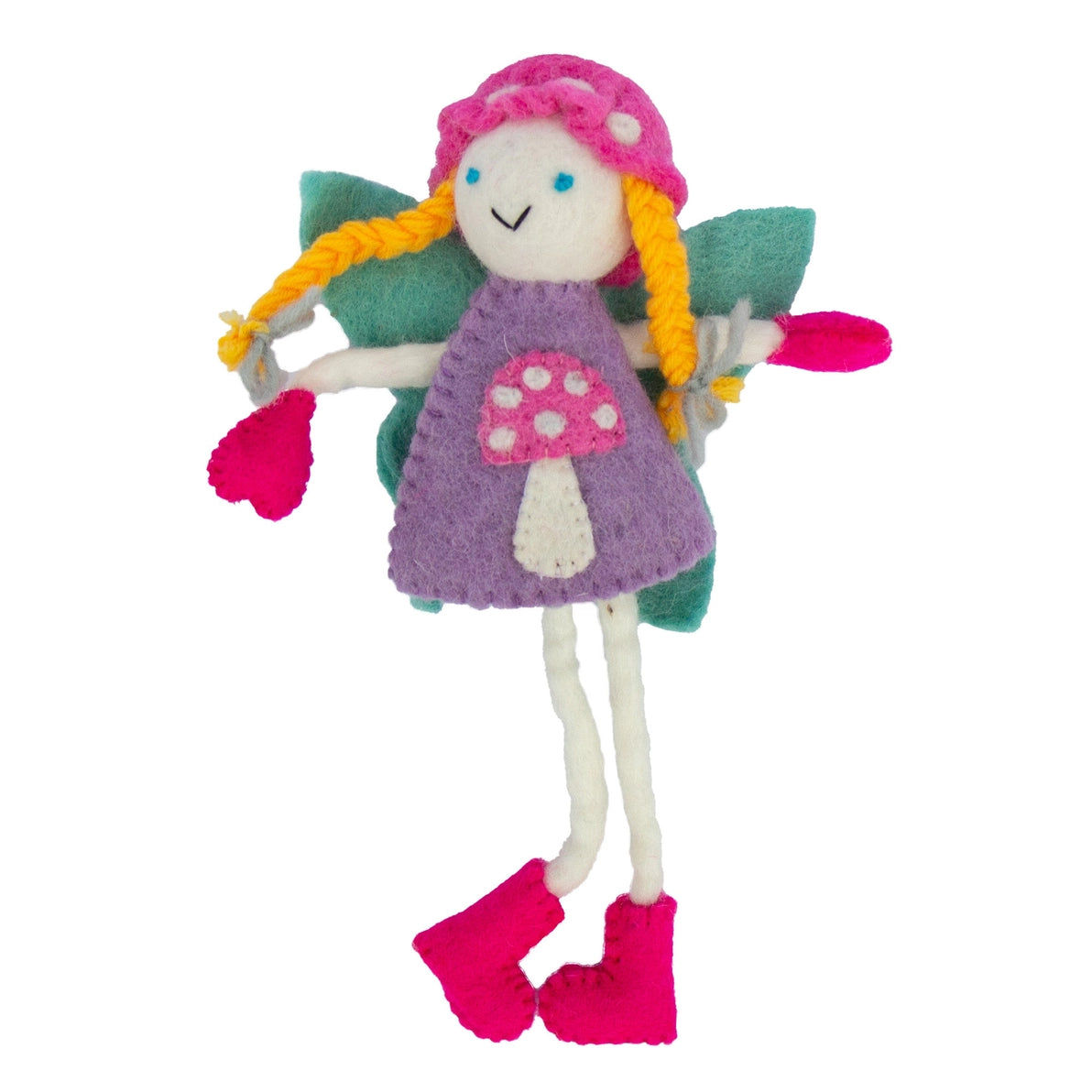 Felt tooth fairy doll with blonde hair, pink hat, purple dress with a mushroom, and aqua wings.