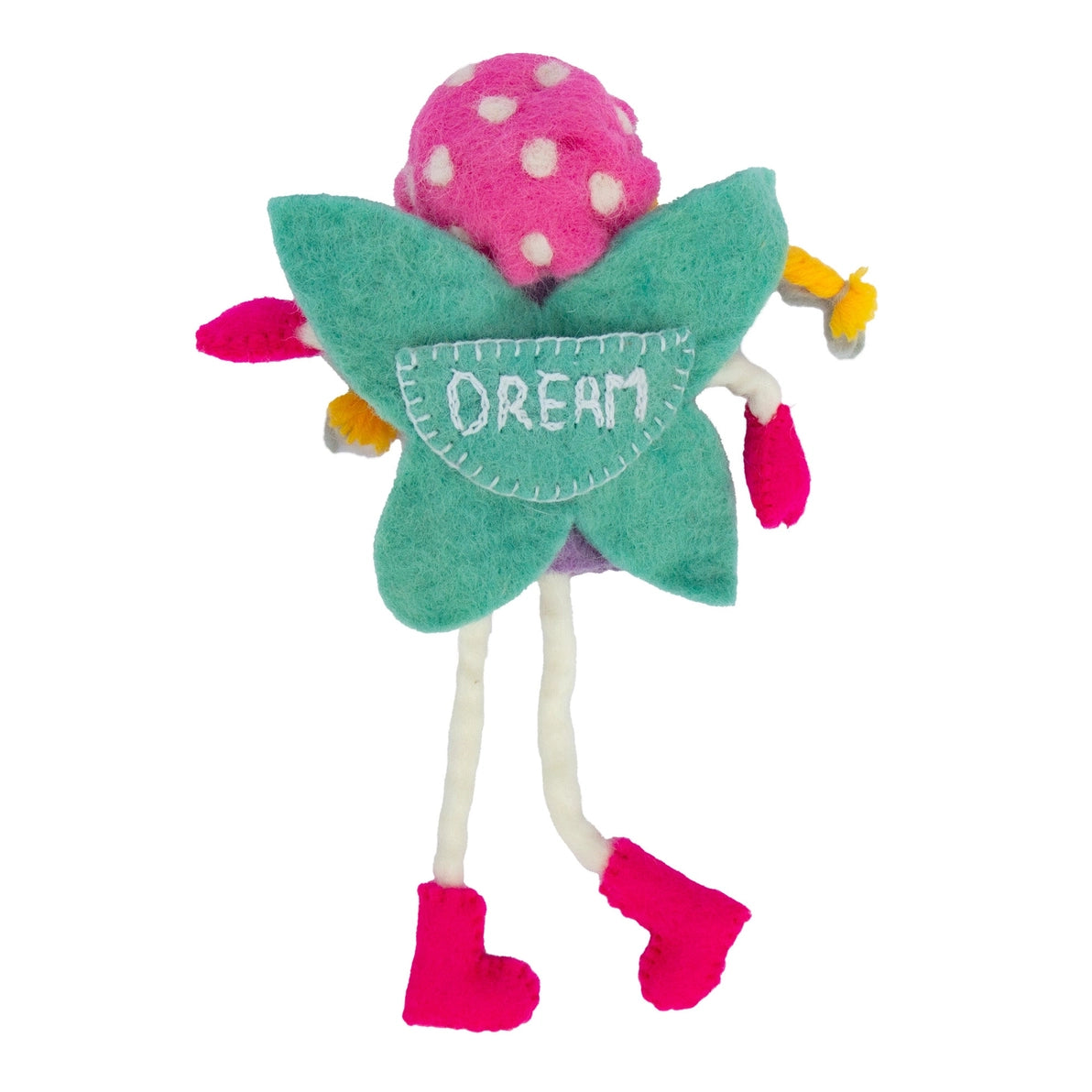 Tooth fairy doll with pink polka dot mushroom hat and 'Dream' embroidered on a pocket on her wings