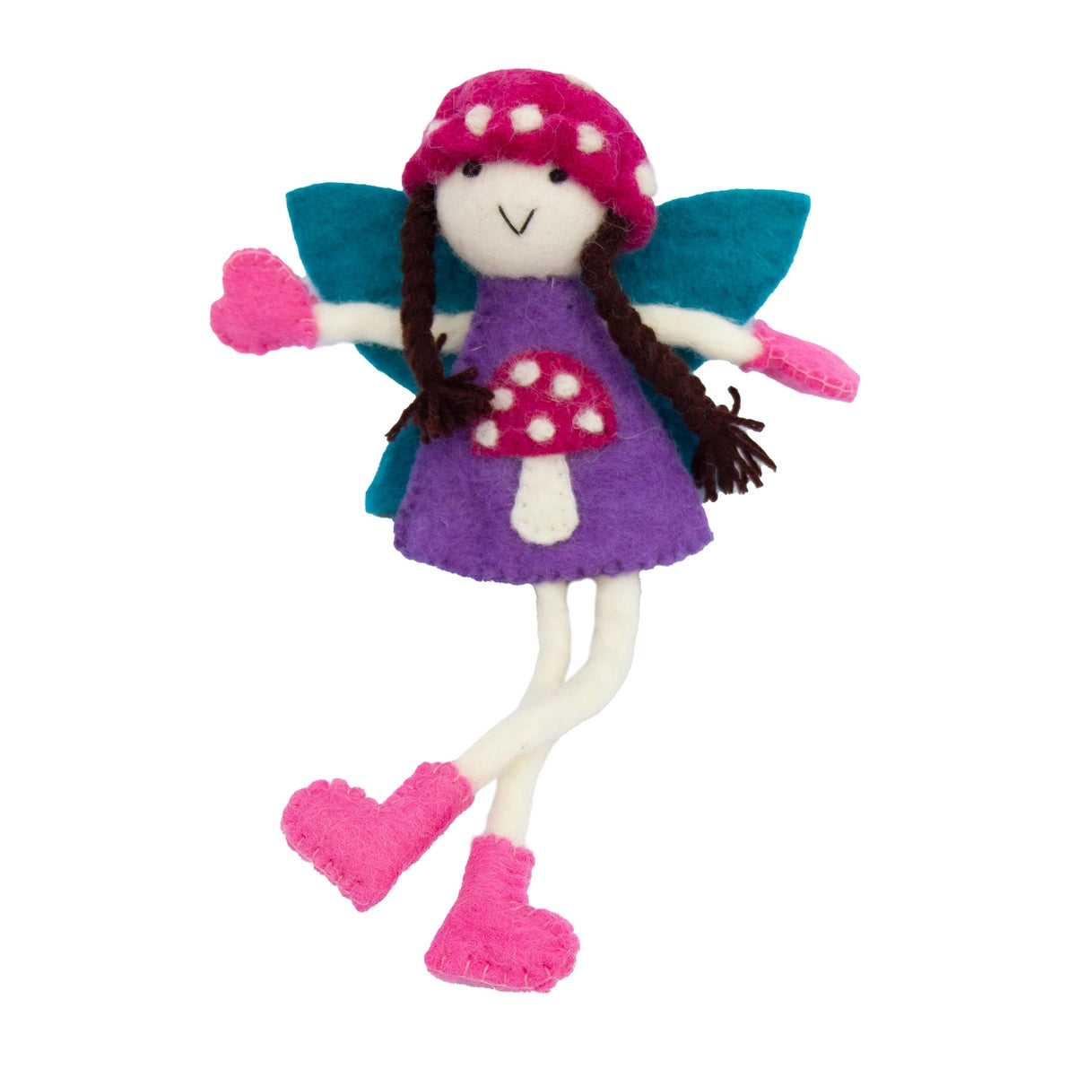 Felt tooth fairy doll wearing a purple dress with a mushroom, pink shoes, and blue wings 