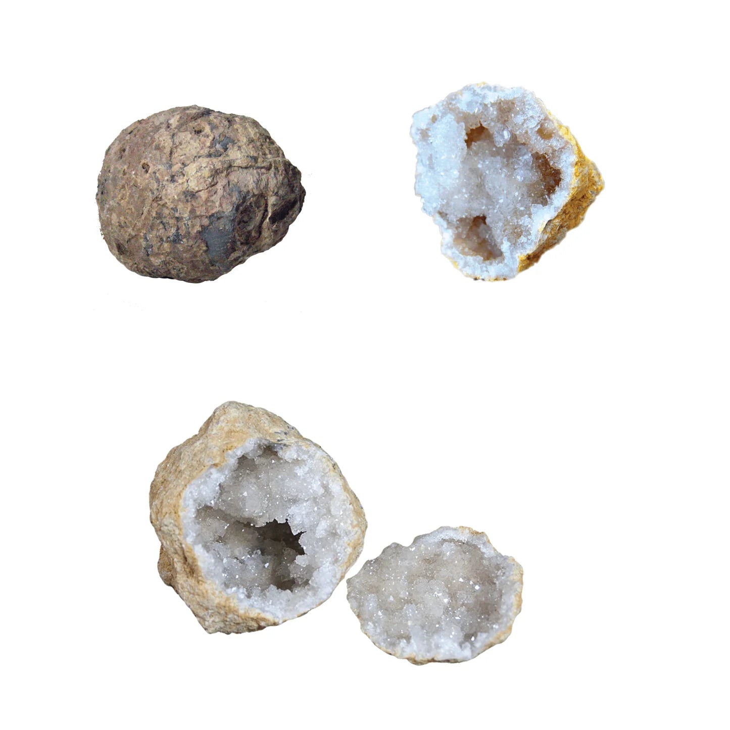 A whole geode and a broken geode revealing crystal quartz inside