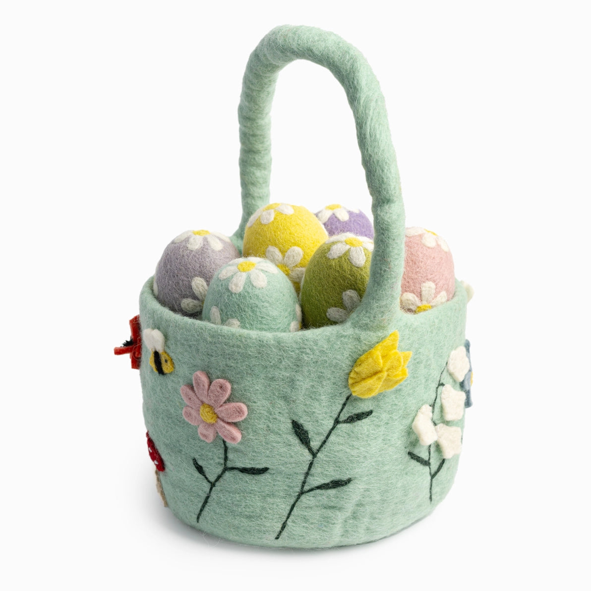 Children's felt Easter basket with colorful eggs and floral designs.