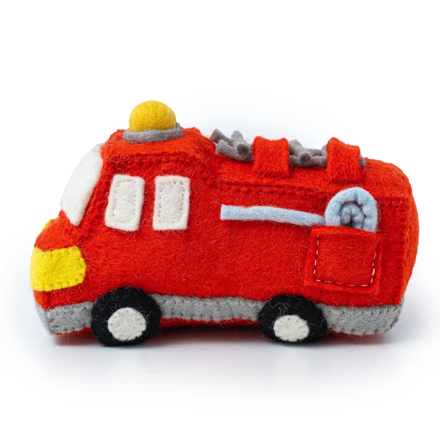 Handmade felted toy fire truck with a hose and a ladder