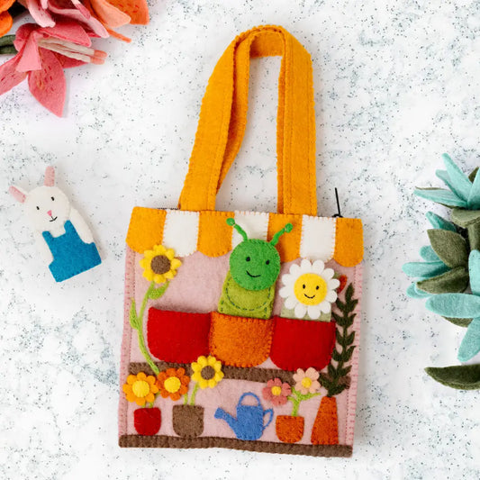 Colorful felt flower shop themed puppet bag with bunny, caterpillar and sunflower finger puppets