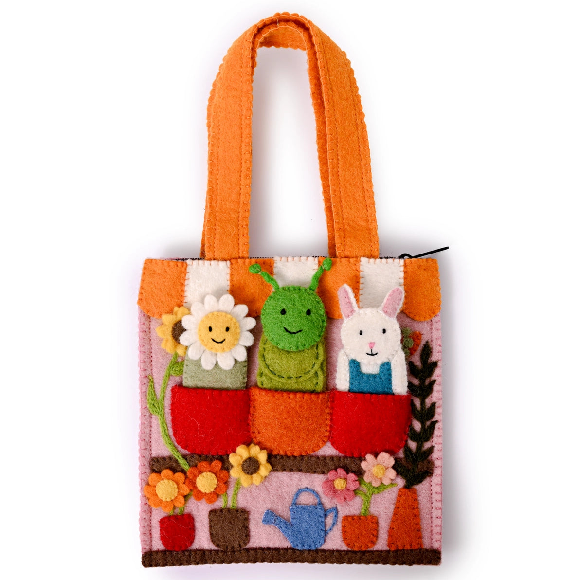 Colorful felt flower shop themed puppet bag with sunflower, caterpillar, and bunny rabbit finger puppets