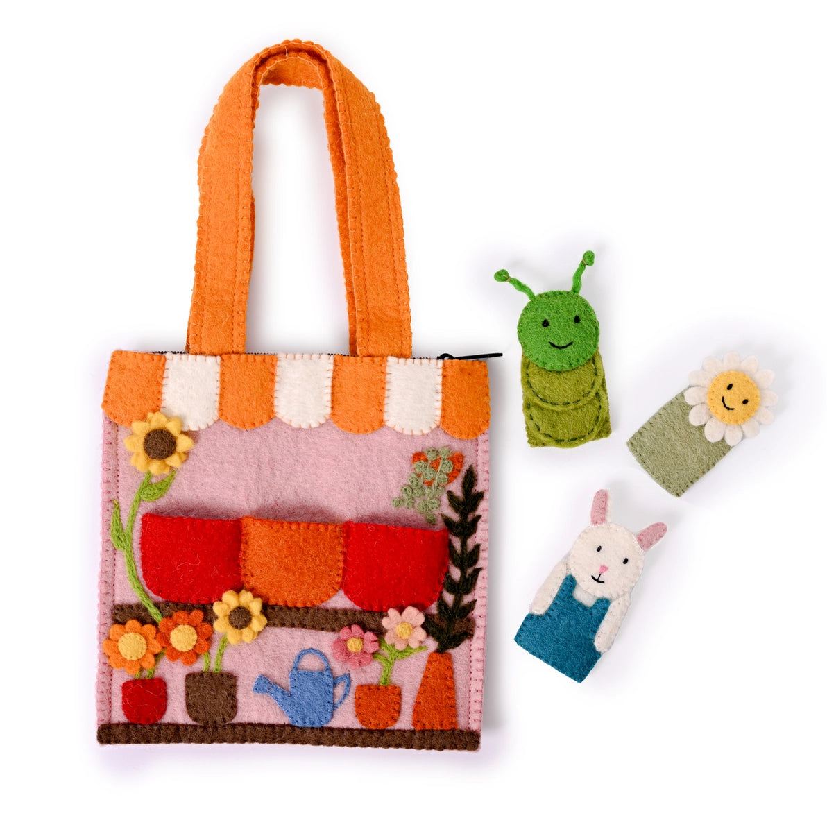 Colorful felt flower shop puppet bag with bunny, caterpillar and sunflower finger puppets