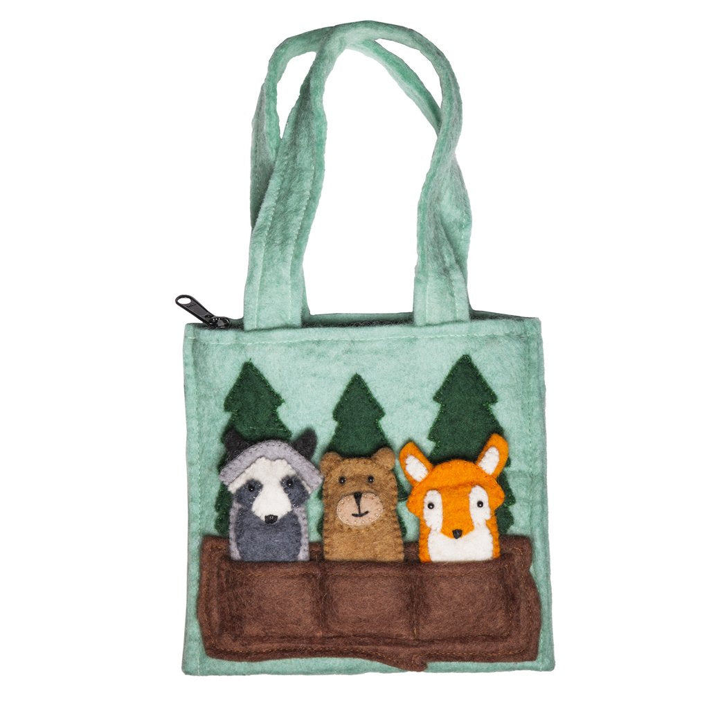 kids fair trade felt forest friends finger puppet bag with raccoon, bear and fox