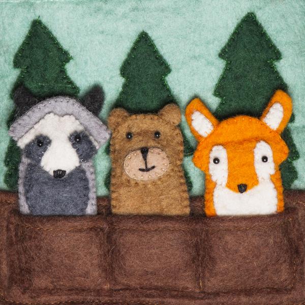 fair trade handmade felt raccoon, bear and fox finger puppets in a bag