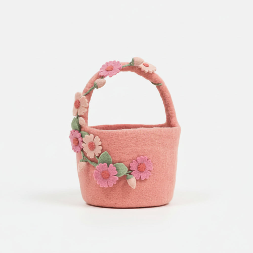 Pink felt flower easter basket with floral decorations 