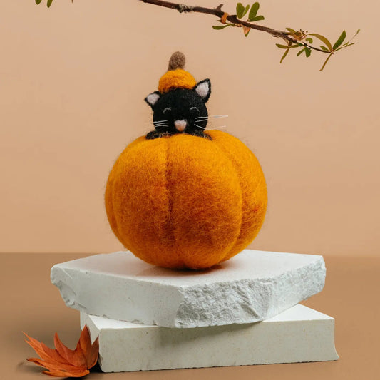 A black felt cat wearing a small orange pumpkin hat peeks out from inside a pumpkin.