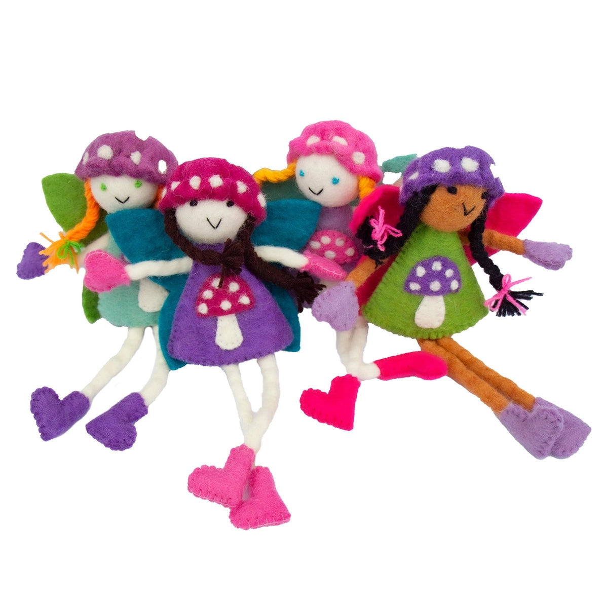 Four colorful fairy dolls with different outfits and pockets for a child's tooth