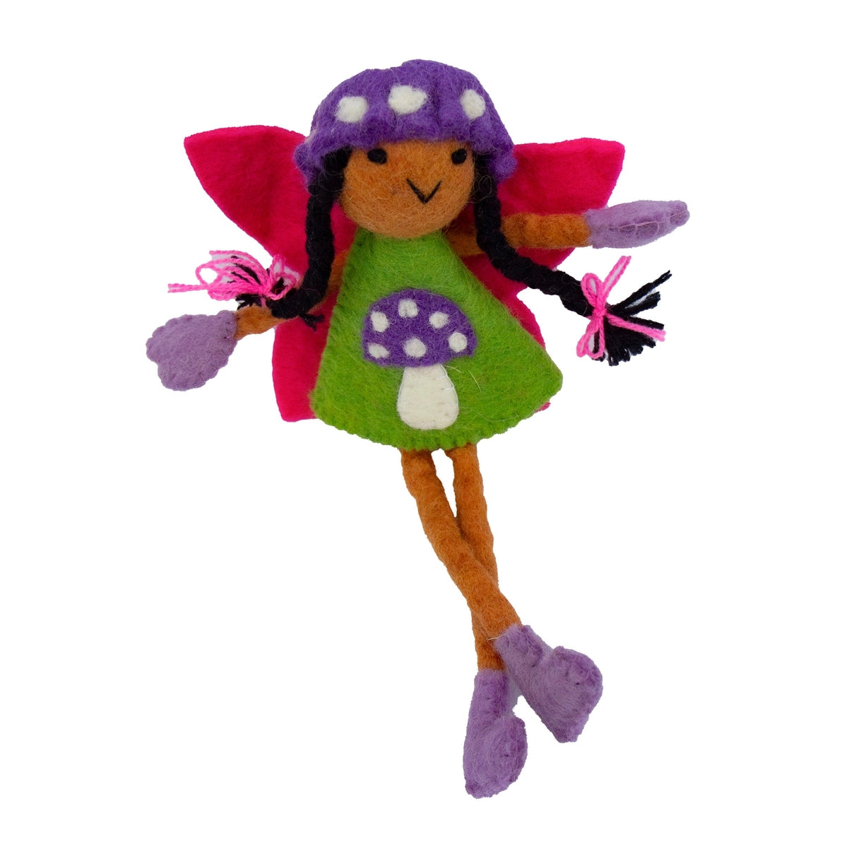 Felt tooth fairy doll with brown skin and black hair in a mushroom dress and pink wings