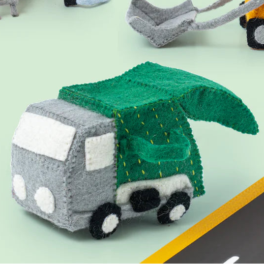 fair trade felt garbage truck toy with open back door