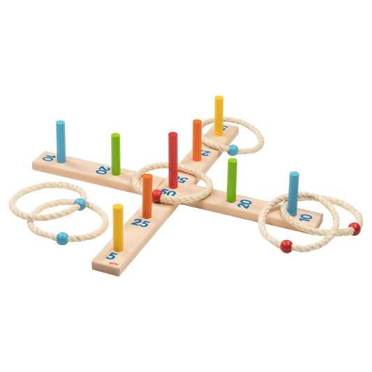 Goki Wooden ring toss game with colorful rope rings and numbered pegs