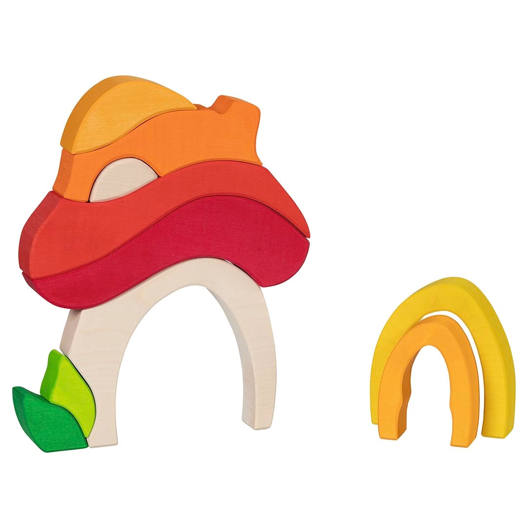 Goki evolution colorful wooden mushroom toy building blocks.
