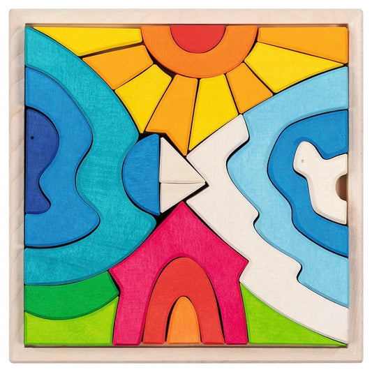 Goki colorful wooden puzzle with abstract shapes, a polar bear, a boat, a house, a sea, a mountain, a sun