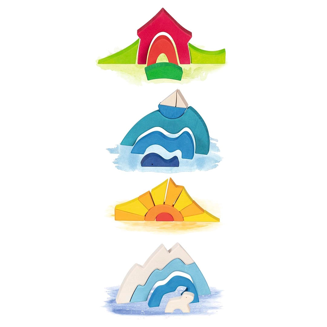 Goki colorful wooden building set with a house, mountain, a sun, and boat 