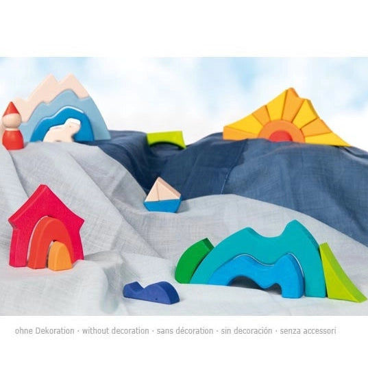 Goki colorful wooden landscape building blocks with a polar bear, a boat, a house, a sea, a mountain, a sun and a whale